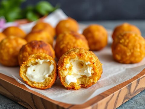 Freshly baked arancini balls filled with ricotta and mozzarella cheese, food, crispy