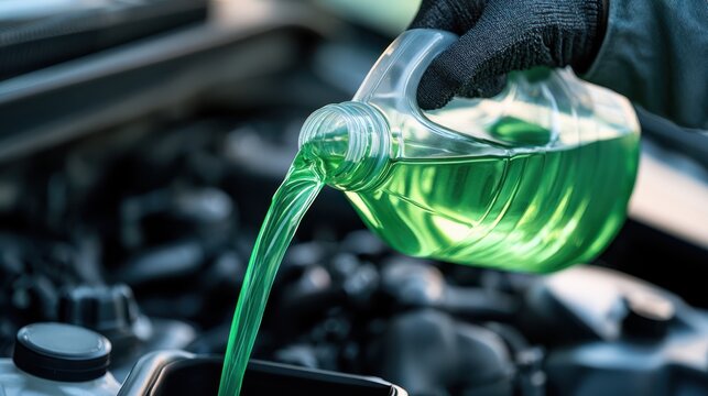 Green coolant liquid is being poured from a plastic container into a vehicle's engine compartment by a gloved hand.