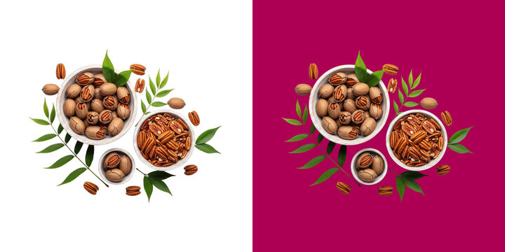 Top view of fresh pecan nuts in small bowls with green leaves transparent png