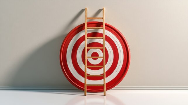 A wooden ladder is positioned against a large red and white target symbol on a plain wall.