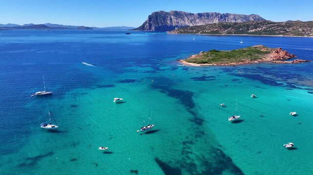Aerial panoramic view of Molara and Tavolara islands in Sardinia, Italy