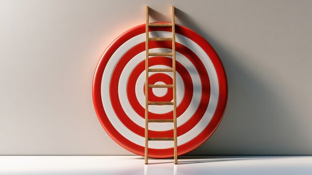 A wooden ladder leans against a red and white bullseye target, symbolizing ambition, progress, and goal achievement.