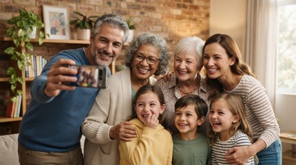 Obraz premium Happy multi-generational family taking selfie together indoors