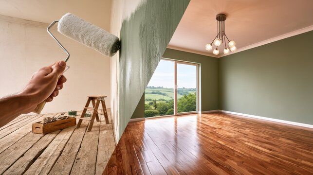 A person painting a room's wall green with a roller, next to an empty, sunlit room with wooden floors and a view of the countryside through large glass doors.