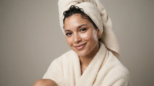 Professional portrait of a serene woman wrapped in a towel, perfect for wellness branding, beauty marketing, spa promotions, and lifestyle content showcasing relaxation and self-care routines.
