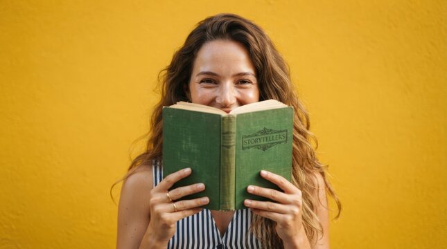 Bright, cheerful woman reading a vintage-style book, perfect for education, lifestyle marketing, blog headers, and inspirational content with a warm, inviting mood.