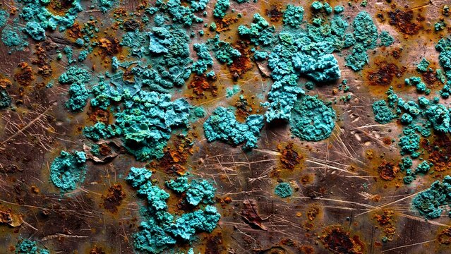 Detailed Macro Texture of Oxidized Copper Plating with Vibrant Turquoise Patina Blooms and Deep Rust Orange Spots