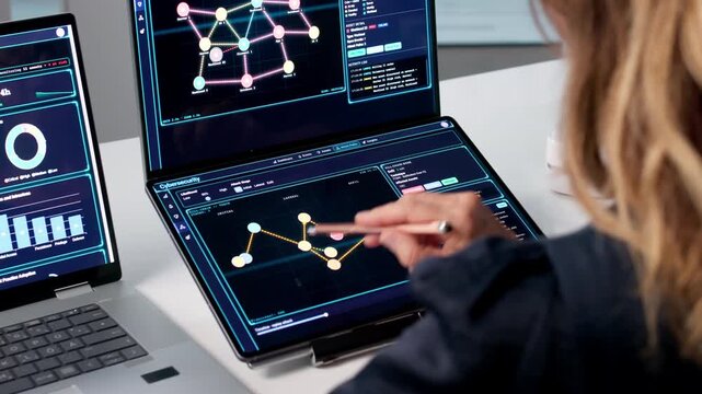 Mature Woman Uses Dual Touchscreen Laptops