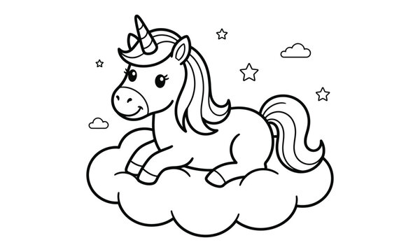 A cute magical unicorn resting on a fluffy cloud in this simple black and white line art printable coloring page