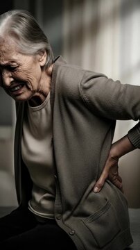 Aging female agony: manifest discomfort, express distress, endure ache, feel strain, reflect osteoporosis, senior illness, vertebral burden, body frailty, chronic condition.