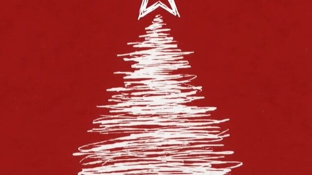 Abstract minimalist white scribble sketch in a triangular christmas tree shape centered on a solid red background
