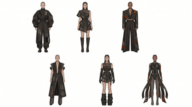 Diverse dark avant garde techwear fashion croquis character illustration collection on white