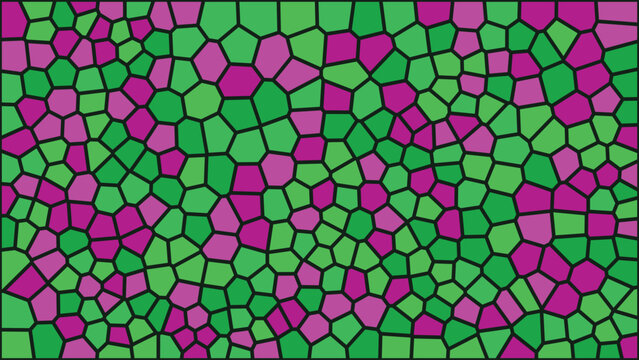Stained glass mosaic pattern, green and purple geometric cell background, abstract voronoi vector texture for creative design