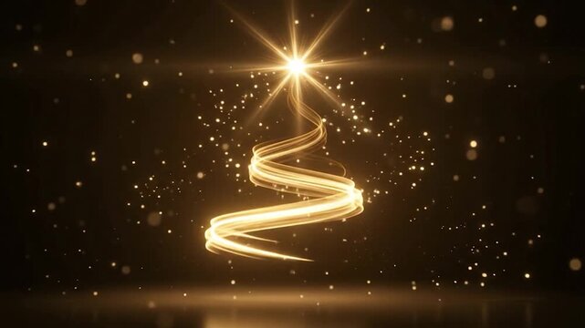 Abstract golden glowing christmas tree shape formed by light trails against a dark background with magical sparkles