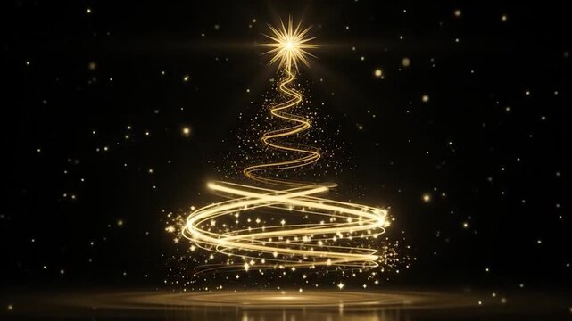 Golden christmas tree silhouette made of light spirals and sparkles against black background