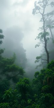 Dense fog-shrouded jungle with wispy tendrils of mist, atmospheric, ||jungles