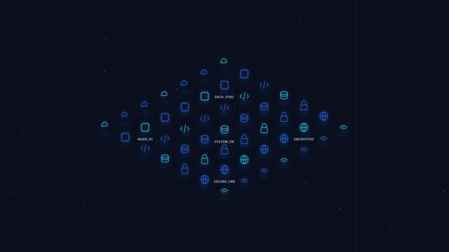 Isometric 3D floating office workspace with digital screens and modern furniture animation loop