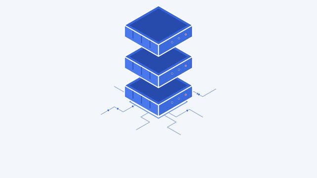 Server rack database infrastructure appears as a blue isometric digital illustration, showcasing interconnected data nodes and organized information flow against a clean, light-colored background.