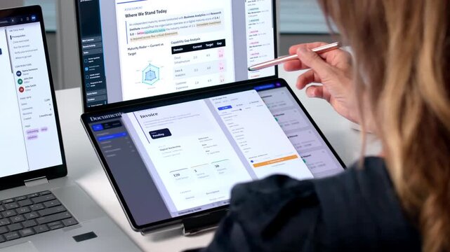 Mature Woman Organizing Digital Documents Using Dual Screens