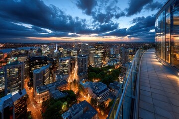 Fototapeta premium Elevated Cityscape at Dusk with Dramatic Clouds