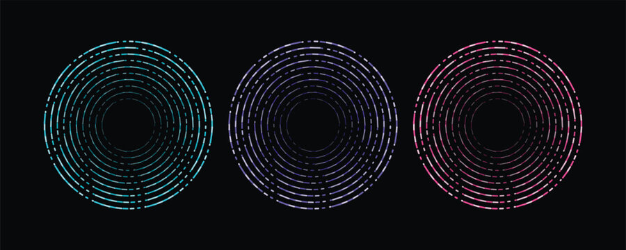 Three concentric circles with light particles in blue purple and pink on black background abstract concept