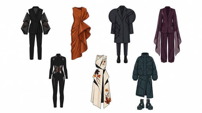 Futuristic dark autumn avant garde fashion design flat sketch collection isolated on white