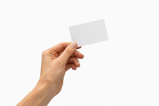 Hand holding a blank white business card isolated on white background