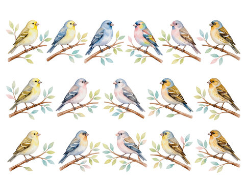 Watercolor colorful birds on tree branches seamless pattern set
