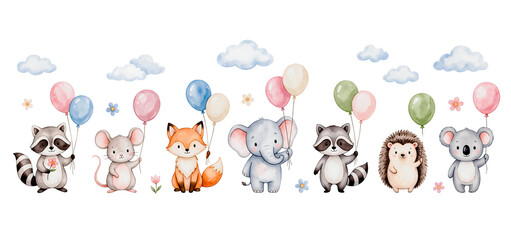 Fototapeta premium Watercolor cute woodland animals holding balloons set