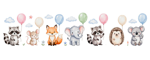 Fototapeta premium Watercolor cute woodland animals holding balloons set