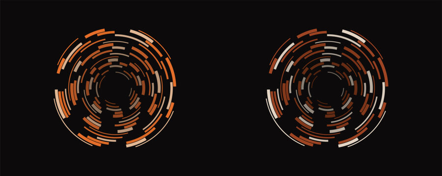 Two circular abstract geometric patterns with segmented lines in brown and white against a black background