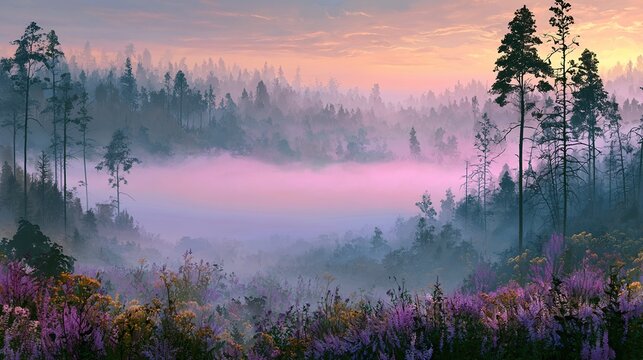 Layers of trees disappearing into light. vibrant wildflowers in immediate foreground. wide foggy mid-ground for design text. digital painting style
