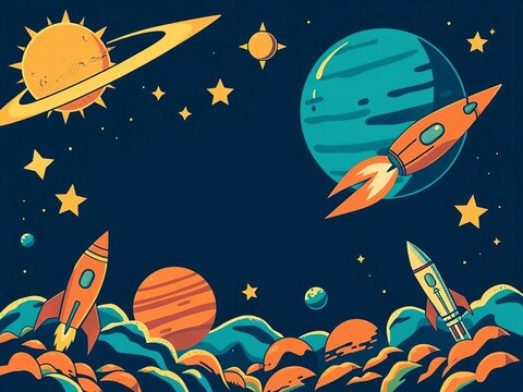 Vintage-inspired space-age icons with stars, planets, and rockets, vintage, icons