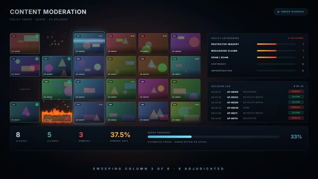 Content moderation dashboard sweeping an upload grid and clearing the review queue
