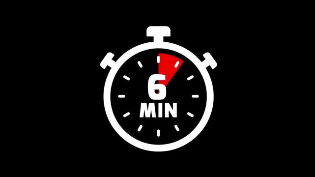 6 minute stopwatch timer animation. 6 minutes timer, stopwatch or countdown video on white background. Timer, clock, stopwatch icon with 6 minute timer animation video.