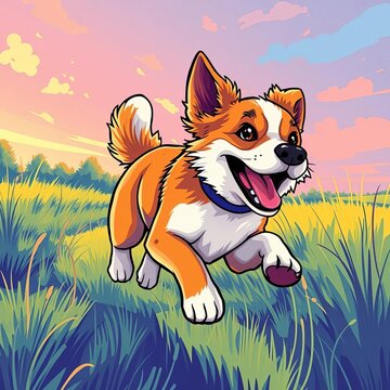 Vibrant illustration of a happy dog running freely, agility, vector art
