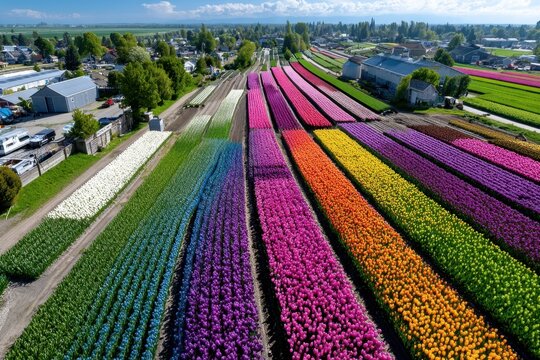 Rainbow Tulip Fields Aerial View Sunny Day