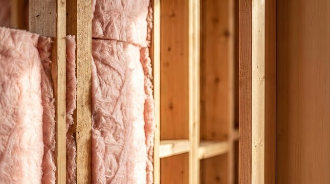 Pink fiberglass insulation batts installed between wooden wall studs during home construction project.