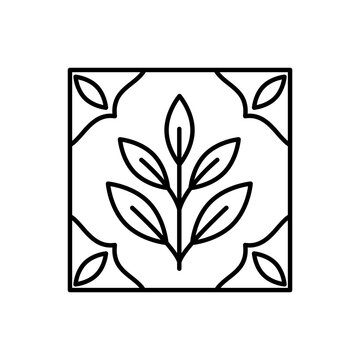 Line art icon of a square ceramic tile featuring an embossed leaf plant design.