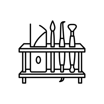 Line art icon showing a wooden rack organizing various pottery carving and modeling tools. 