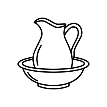 Line art icon of a classic ceramic water pitcher resting inside a wash basin bowl.