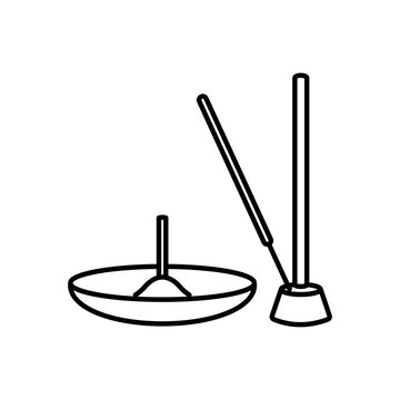 Line art icon of a ceramic incense plate and stick holder set.