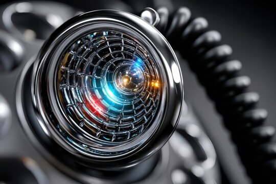 Close-up of a futuristic device illuminated by colorful lights in a dark environment