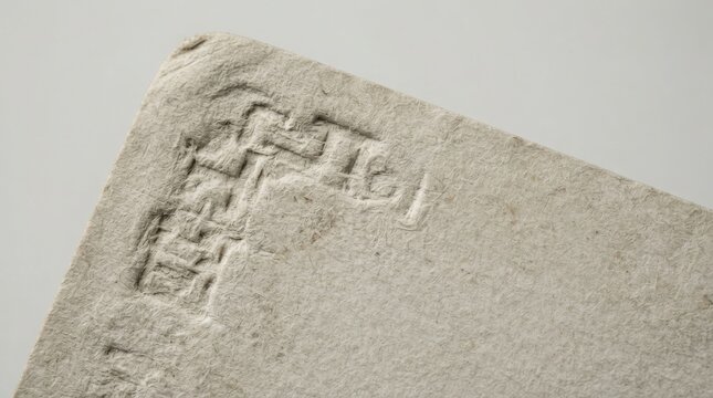 Ancient incised stone fragment with geometric pattern and carved symbols on light gray background
