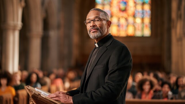 A male pastor in clerical attire stands in a church, holding an open book, with a colorful stained glass window and congregation blurred in the background.