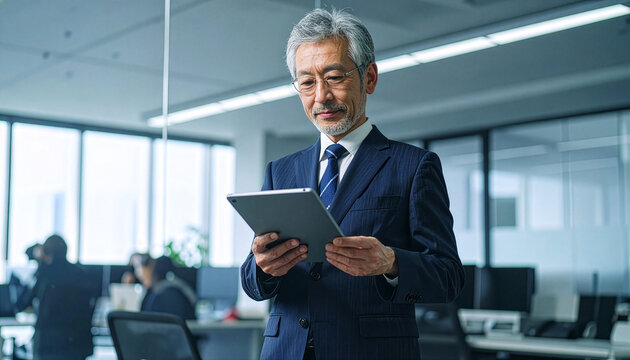 オフィスで真剣な表情でタブレット画面を確認する眼鏡をかけたシニア男性役員・経営者