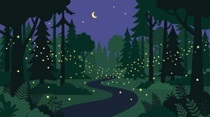 Fototapeta premium Magical Fireflies Glowing in a Dark Enchanted Forest at Night Flat Vector Illustration Scenic Landscape Viewpoint of Nature Atmosphere