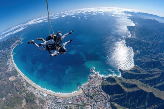 Experience exhilarating skydiving over stunning ocean landscape near a coastal town