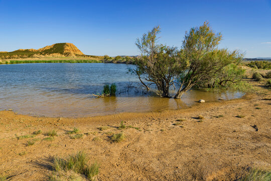 Wasserreservoir Balsa de las Cortinas im Naturpark Bardenas Reales, Navarra, Spanien