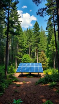 A serene forest glade with a solar panel array situated in the center, outdoor, ||glade